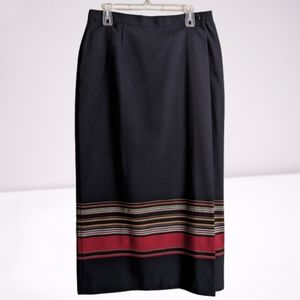 Vintage Casual Corner Wrap Long Skirt Black Stripe Print Border Size 16